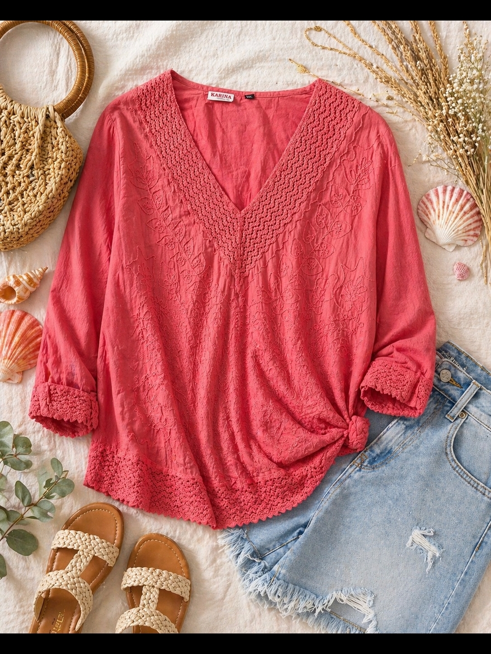 Coral Pink V-Neck Embroidered Women's Top